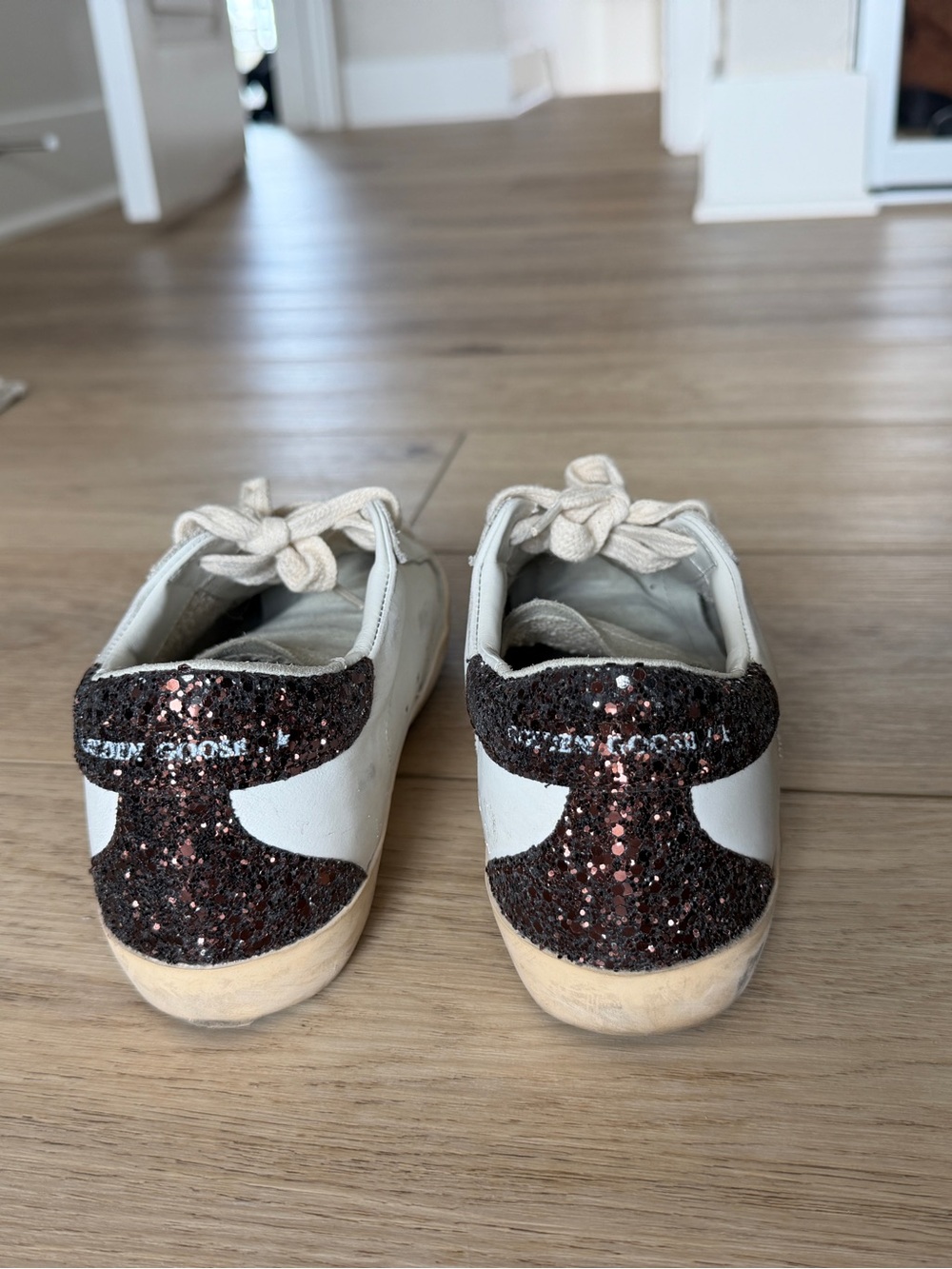 Golden Goose White Leather Super-Star Sneakers w/ Silver & Brown Glitter - Picture 5 of 6